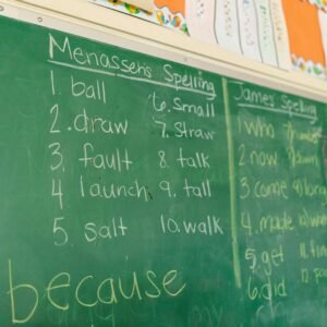 A classroom chalkboard featuring spelling lists and handwriting, ideal for education-themed content.